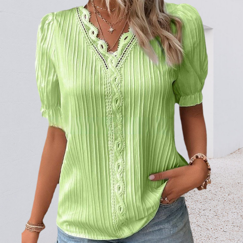 Blaudonau- V Neck Plain Lace Elegant Shirt