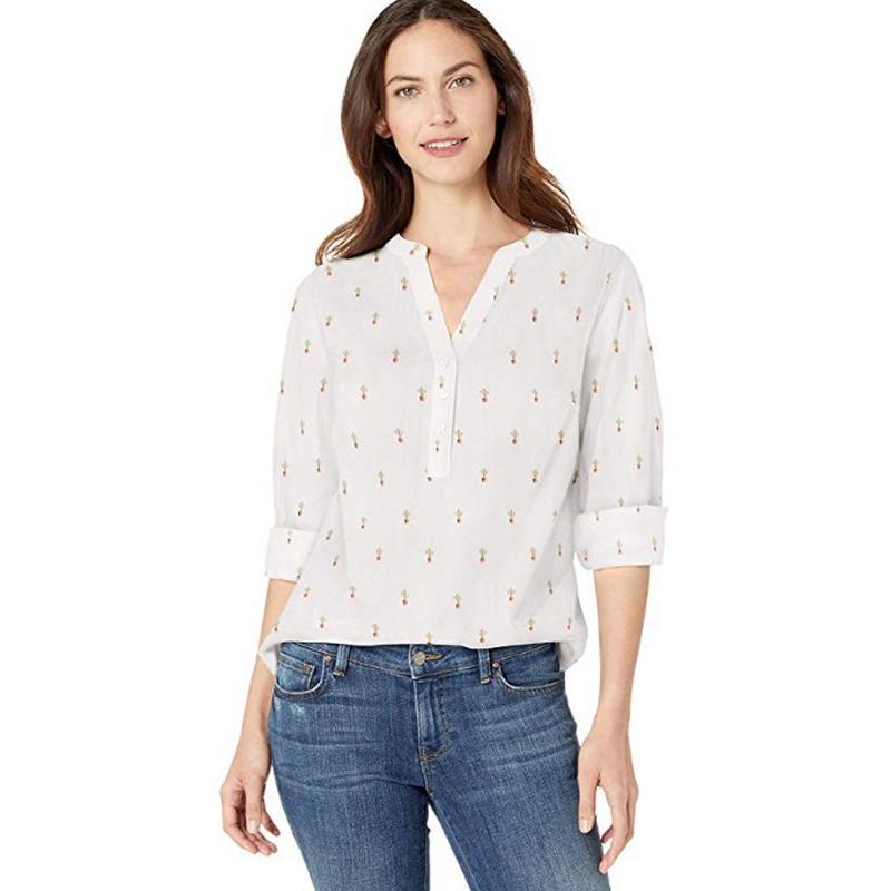 Blaudonau- Langarm-Baumwoll-Popover-Shirt Für Damen