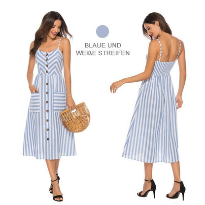 Blaudonau- Gestreifte Spaghetti-Träger der Frauen Button-Down-Swing-Midikleid mit Taschen Sommer-Strandfest-Sommerkleid-Blau