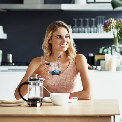 Blaudonau- Handgemachte 3D Emaille Blumen Glas Kaffeetasse mit Löffel