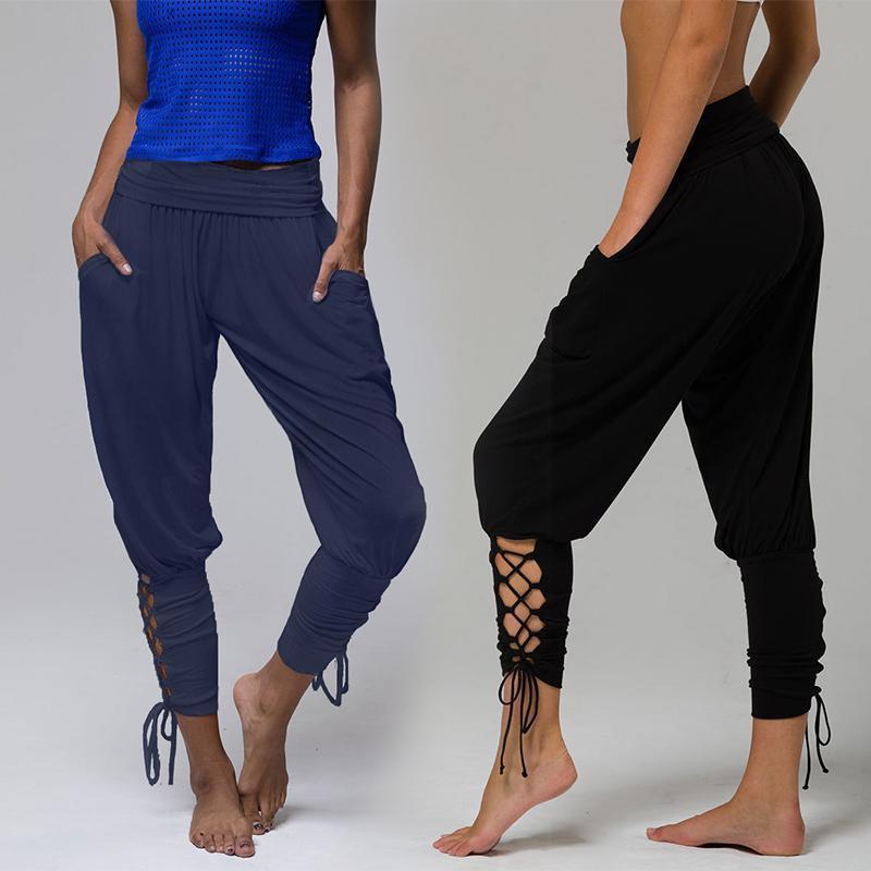 Blaudonau- Schnürbinde elastische Taille Jogger Pants Yoga Leggings Grau S