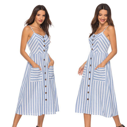 Blaudonau- Gestreifte Spaghetti-Träger der Frauen Button-Down-Swing-Midikleid mit Taschen Sommer-Strandfest-Sommerkleid-Blau