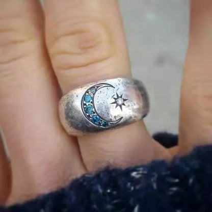 Blaudonau- Vintage Silber Personalisierter Ring Stern-Mond-Sonne-Ring