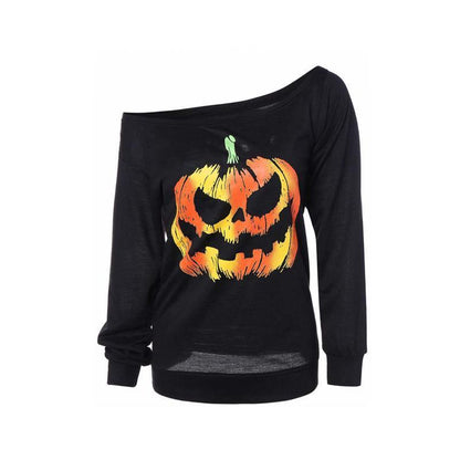 Blaudonau- Damen Halloween Schulterfrei Sweatshirts Schwarz