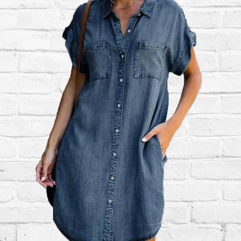 Blaudonau- Lässiges Kurzarm Denim Kleid