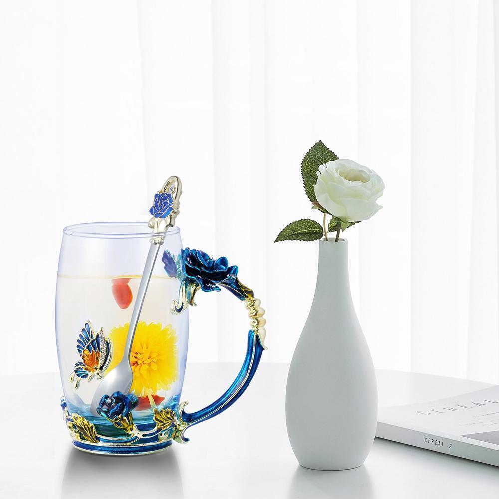 Blaudonau- Handgemachte 3D Emaille Blumen Glas Kaffeetasse mit Löffel