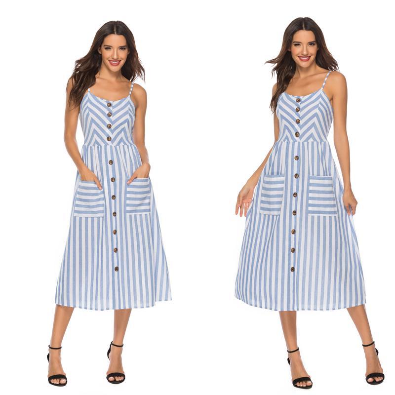 Blaudonau- Gestreifte Spaghetti-Träger der Frauen Button-Down-Swing-Midikleid mit Taschen Sommer-Strandfest-Sommerkleid-Blau BLAU