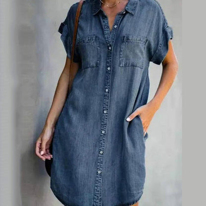 Blaudonau- Lässiges Kurzarm Denim Kleid Dunkelblau