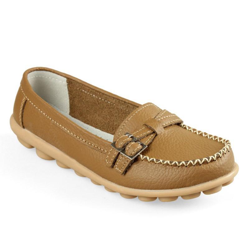 Blaudonau- Damen Leder Slip-on Flache Loafer Schuhe Khaki