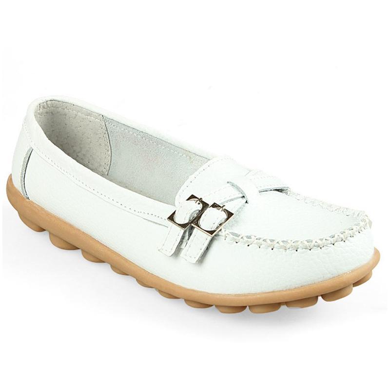 Blaudonau- Damen Leder Slip-on Flache Loafer Schuhe Weiß